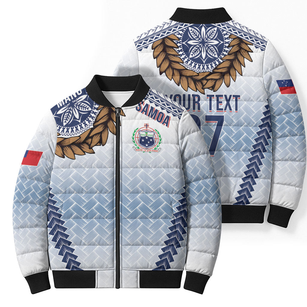 Manu Samoa Rugby Custom White Bomber Puffer Jacket ʻIe Toga Pattern With Brown Ula fala LT7 - Polynesian Pride