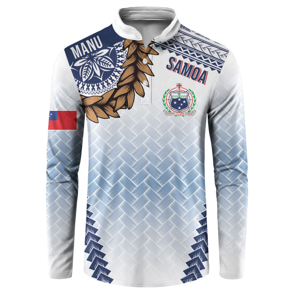 Manu Samoa Rugby Custom White Button Sweatshirt ʻIe Toga Pattern With Brown Ula fala LT7 White - Polynesian Pride
