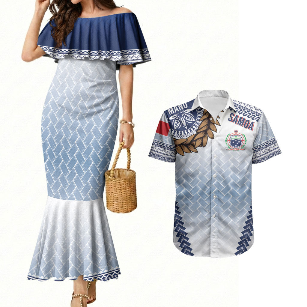 Manu Samoa Rugby Custom White Couples Matching Mermaid Dress and Hawaiian Shirt ʻIe Toga Pattern With Brown Ula fala LT7 White - Polynesian Pride