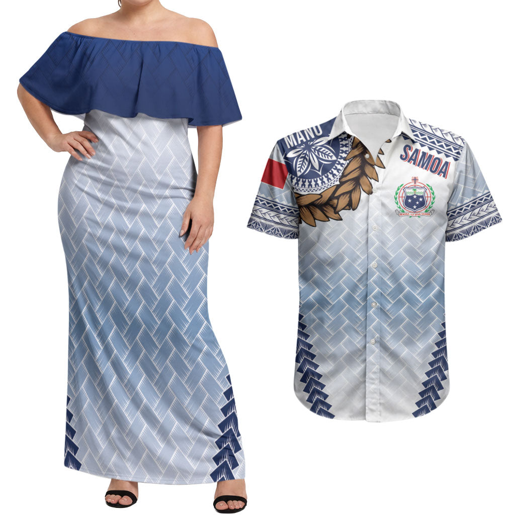 Manu Samoa Rugby Custom White Couples Matching Off Shoulder Maxi Dress and Hawaiian Shirt ʻIe Toga Pattern With Brown Ula fala