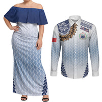 Manu Samoa Rugby Custom White Couples Matching Off Shoulder Maxi Dress and Long Sleeve Button Shirt ʻIe Toga Pattern With Brown Ula fala LT7 White - Polynesian Pride