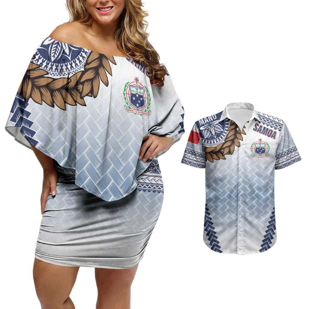 Manu Samoa Rugby Custom White Couples Matching Off Shoulder Short Dress and Hawaiian Shirt ʻIe Toga Pattern With Brown Ula fala LT7 White - Polynesian Pride