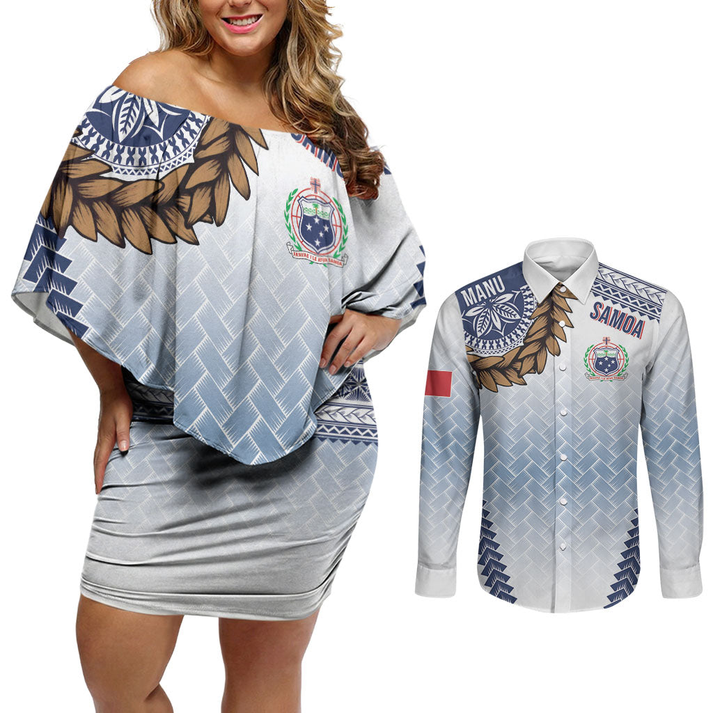 Manu Samoa Rugby Custom White Couples Matching Off Shoulder Short Dress and Long Sleeve Button Shirt ʻIe Toga Pattern With Brown Ula fala LT7 White - Polynesian Pride
