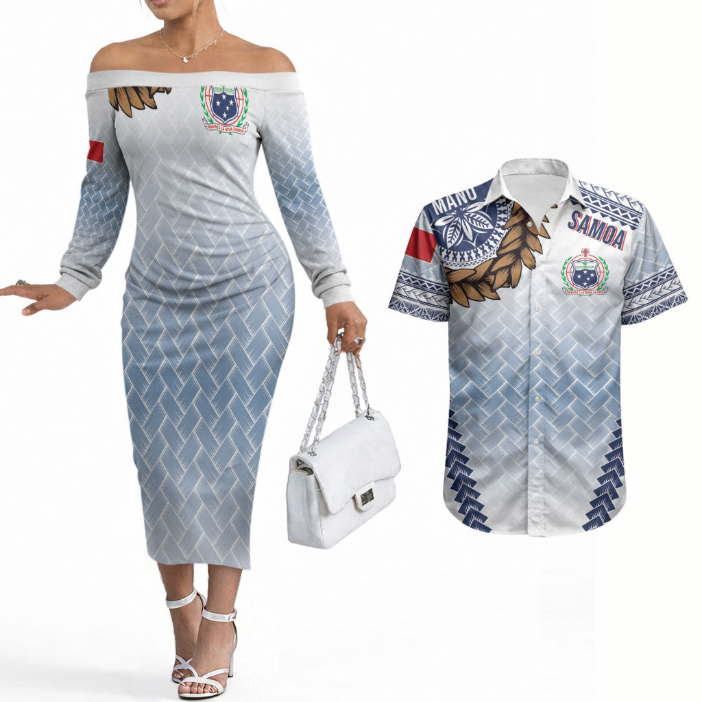 Manu Samoa Rugby Custom White Couples Matching Off The Shoulder Long Sleeve Dress and Hawaiian Shirt ʻIe Toga Pattern With Brown Ula fala LT7 White - Polynesian Pride