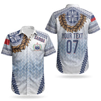 Manu Samoa Rugby Custom White Couples Matching Off The Shoulder Long Sleeve Dress and Hawaiian Shirt ʻIe Toga Pattern With Brown Ula fala LT7 - Polynesian Pride
