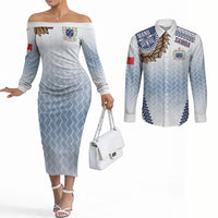 Manu Samoa Rugby Custom White Couples Matching Off The Shoulder Long Sleeve Dress and Long Sleeve Button Shirt ʻIe Toga Pattern With Brown Ula fala LT7 White - Polynesian Pride