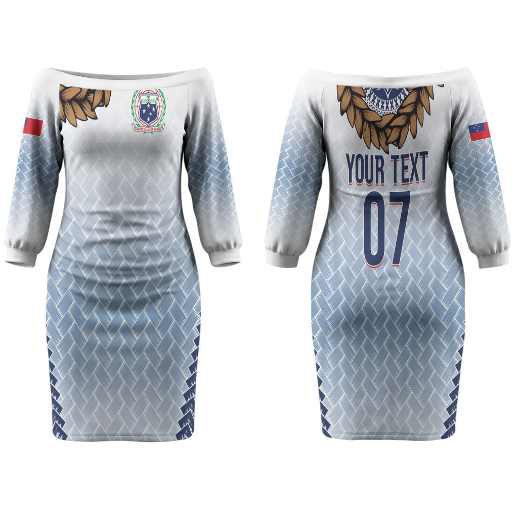 Manu Samoa Rugby Custom White Couples Matching Off The Shoulder Long Sleeve Dress and Long Sleeve Button Shirt ʻIe Toga Pattern With Brown Ula fala LT7 - Polynesian Pride