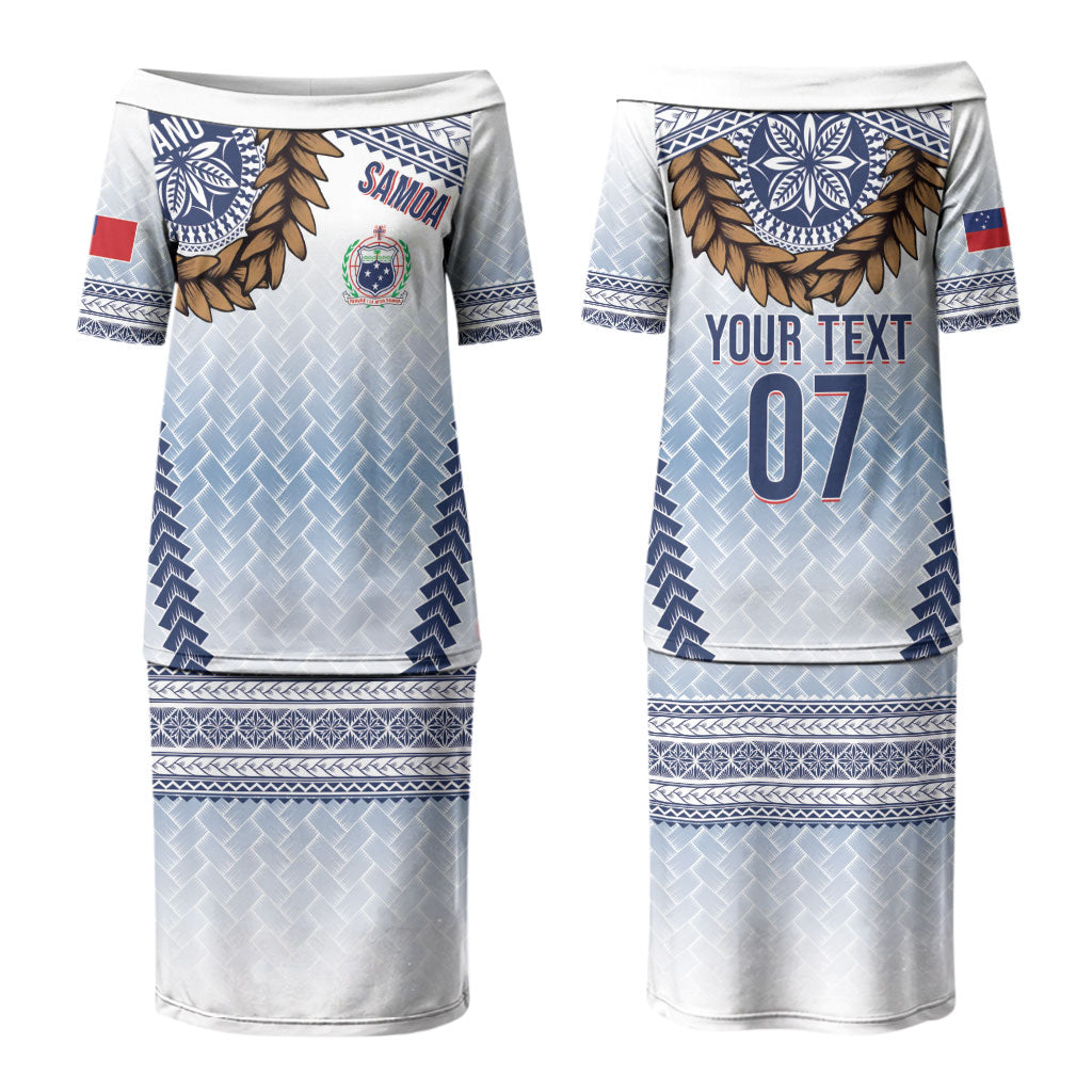 Manu Samoa Rugby Custom White Couples Matching Puletasi and Long Sleeve Button Shirt ʻIe Toga Pattern With Brown Ula fala LT7 - Polynesian Pride