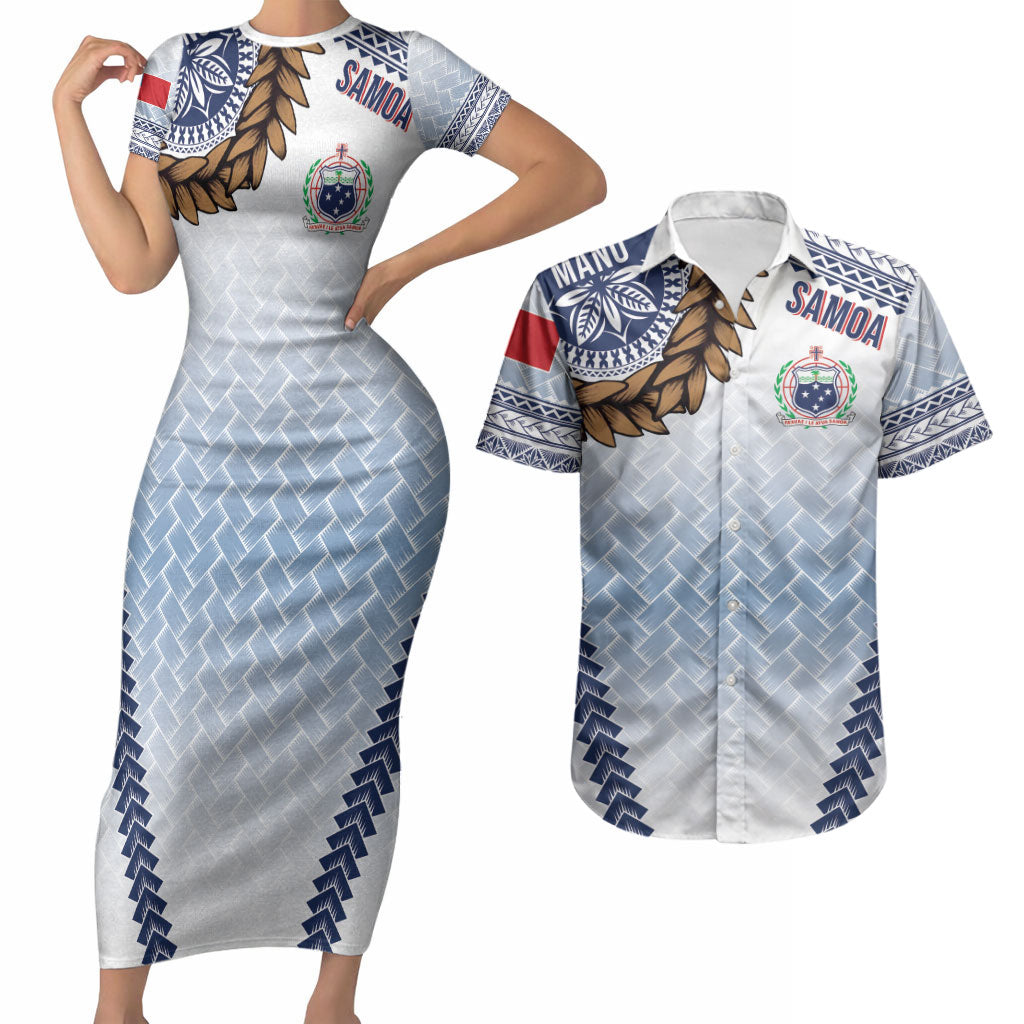 Manu Samoa Rugby Custom White Couples Matching Short Sleeve Bodycon Dress and Hawaiian Shirt ʻIe Toga Pattern With Brown Ula fala LT7 White - Polynesian Pride