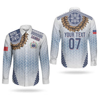 Manu Samoa Rugby Custom White Couples Matching Summer Maxi Dress and Long Sleeve Button Shirt ʻIe Toga Pattern With Brown Ula fala LT7 - Polynesian Pride