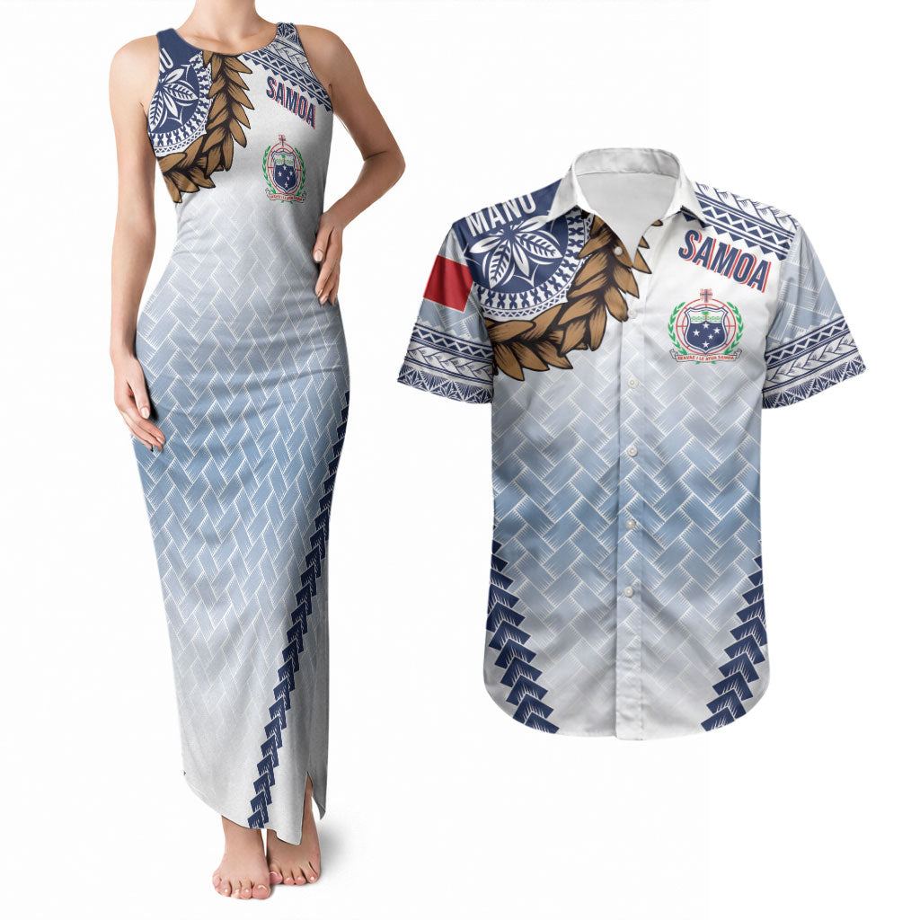 Manu Samoa Rugby Custom White Couples Matching Tank Maxi Dress and Hawaiian Shirt ʻIe Toga Pattern With Brown Ula fala
