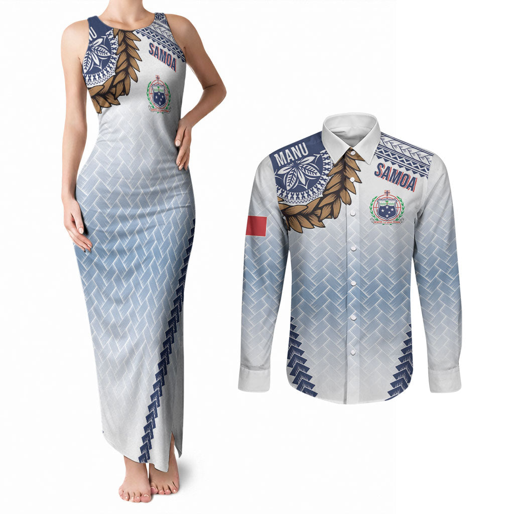 Manu Samoa Rugby Custom White Couples Matching Tank Maxi Dress and Long Sleeve Button Shirt ʻIe Toga Pattern With Brown Ula fala LT7 White - Polynesian Pride