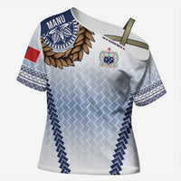 Manu Samoa Rugby Custom White Cross Shoulder Shirt ʻIe Toga Pattern With Brown Ula fala LT7 Female White - Polynesian Pride