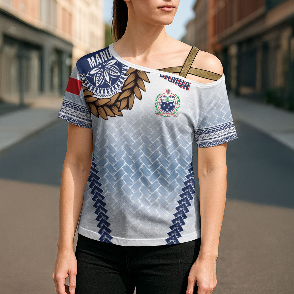 Manu Samoa Rugby Custom White Cross Shoulder Shirt ʻIe Toga Pattern With Brown Ula fala LT7 - Polynesian Pride