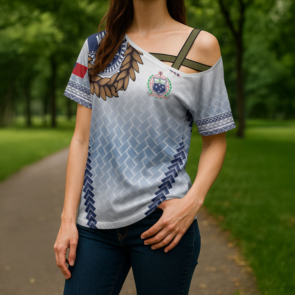 Manu Samoa Rugby Custom White Cross Shoulder Shirt ʻIe Toga Pattern With Brown Ula fala LT7 - Polynesian Pride