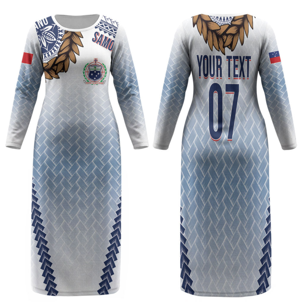 Manu Samoa Rugby Custom White Family Matching Long Sleeve Bodycon Dress and Hawaiian Shirt ʻIe Toga Pattern With Brown Ula fala LT7 Mom's Dress White - Polynesian Pride