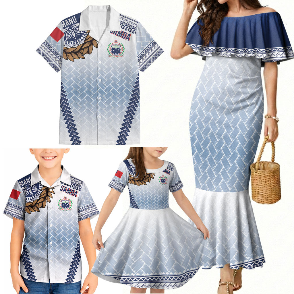 Manu Samoa Rugby Custom White Family Matching Mermaid Dress and Hawaiian Shirt ʻIe Toga Pattern With Brown Ula fala LT7 - Polynesian Pride