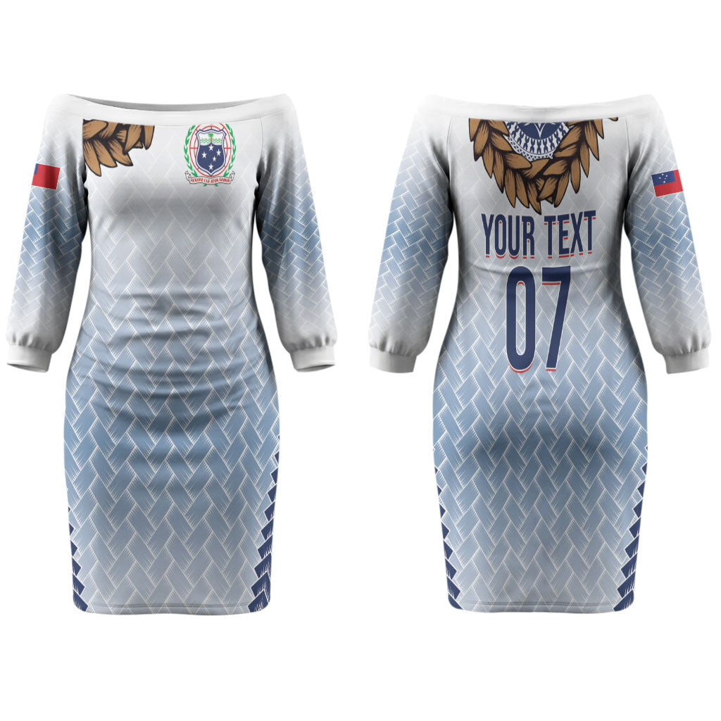 Manu Samoa Rugby Custom White Family Matching Off The Shoulder Long Sleeve Dress and Hawaiian Shirt ʻIe Toga Pattern With Brown Ula fala LT7 Mom's Dress White - Polynesian Pride