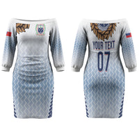 Manu Samoa Rugby Custom White Family Matching Off The Shoulder Long Sleeve Dress and Hawaiian Shirt ʻIe Toga Pattern With Brown Ula fala LT7 Mom's Dress White - Polynesian Pride