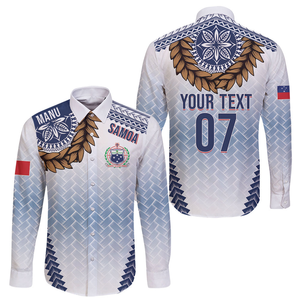 Manu Samoa Rugby Custom White Family Matching Off The Shoulder Long Sleeve Dress and Hawaiian Shirt ʻIe Toga Pattern With Brown Ula fala LT7 Dad's Shirt - Long Sleeve White - Polynesian Pride
