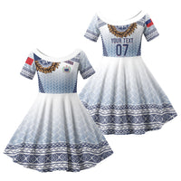 Manu Samoa Rugby Custom White Family Matching Off The Shoulder Long Sleeve Dress and Hawaiian Shirt ʻIe Toga Pattern With Brown Ula fala LT7 Daughter's Dress White - Polynesian Pride