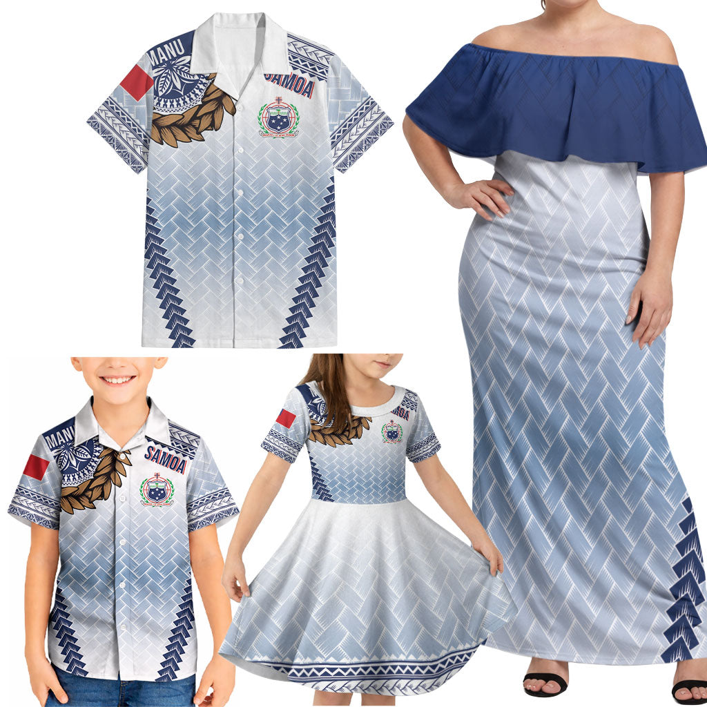 Manu Samoa Rugby Custom White Family Matching Off Shoulder Maxi Dress and Hawaiian Shirt ʻIe Toga Pattern With Brown Ula fala LT7 - Polynesian Pride