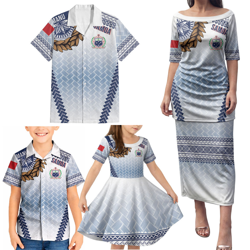 Manu Samoa Rugby Custom White Family Matching Puletasi and Hawaiian Shirt ʻIe Toga Pattern With Brown Ula fala LT7 - Polynesian Pride