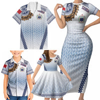 Manu Samoa Rugby Custom White Family Matching Short Sleeve Bodycon Dress and Hawaiian Shirt ʻIe Toga Pattern With Brown Ula fala LT7 - Polynesian Pride