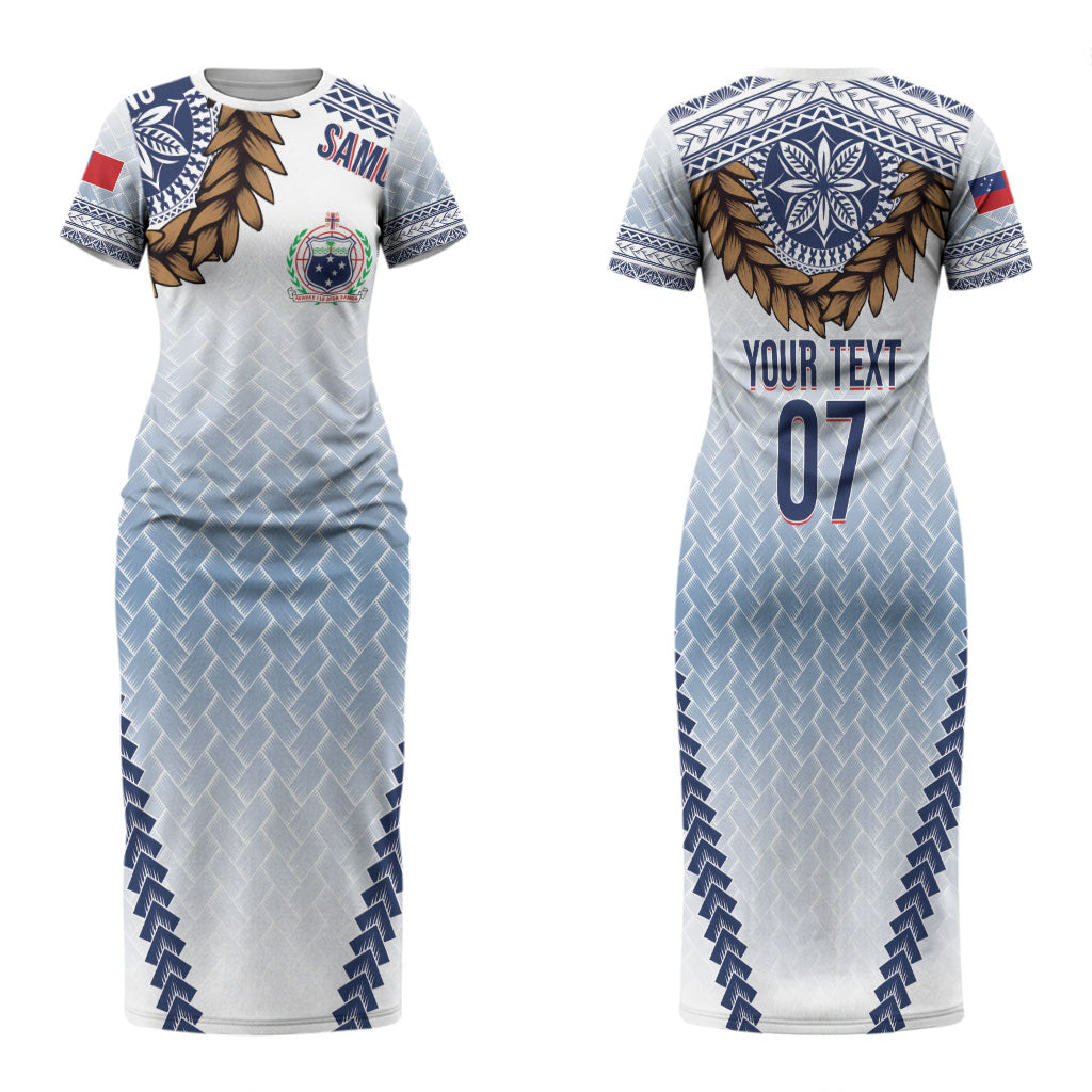 Manu Samoa Rugby Custom White Family Matching Short Sleeve Bodycon Dress and Hawaiian Shirt ʻIe Toga Pattern With Brown Ula fala LT7 Mom's Dress White - Polynesian Pride