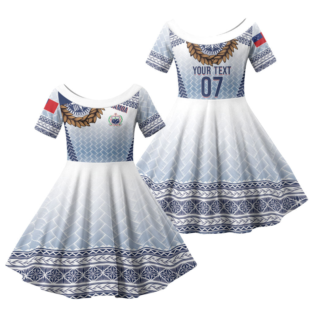 Manu Samoa Rugby Custom White Family Matching Short Sleeve Bodycon Dress and Hawaiian Shirt ʻIe Toga Pattern With Brown Ula fala LT7 Daughter's Dress White - Polynesian Pride