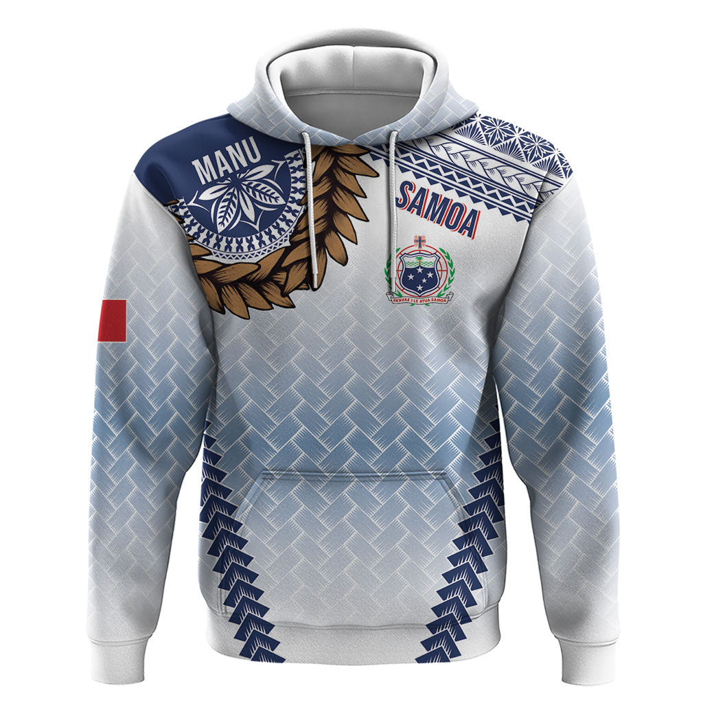 Manu Samoa Rugby Custom White Hoodie ʻIe Toga Pattern With Brown Ula fala LT7 Pullover Hoodie White - Polynesian Pride