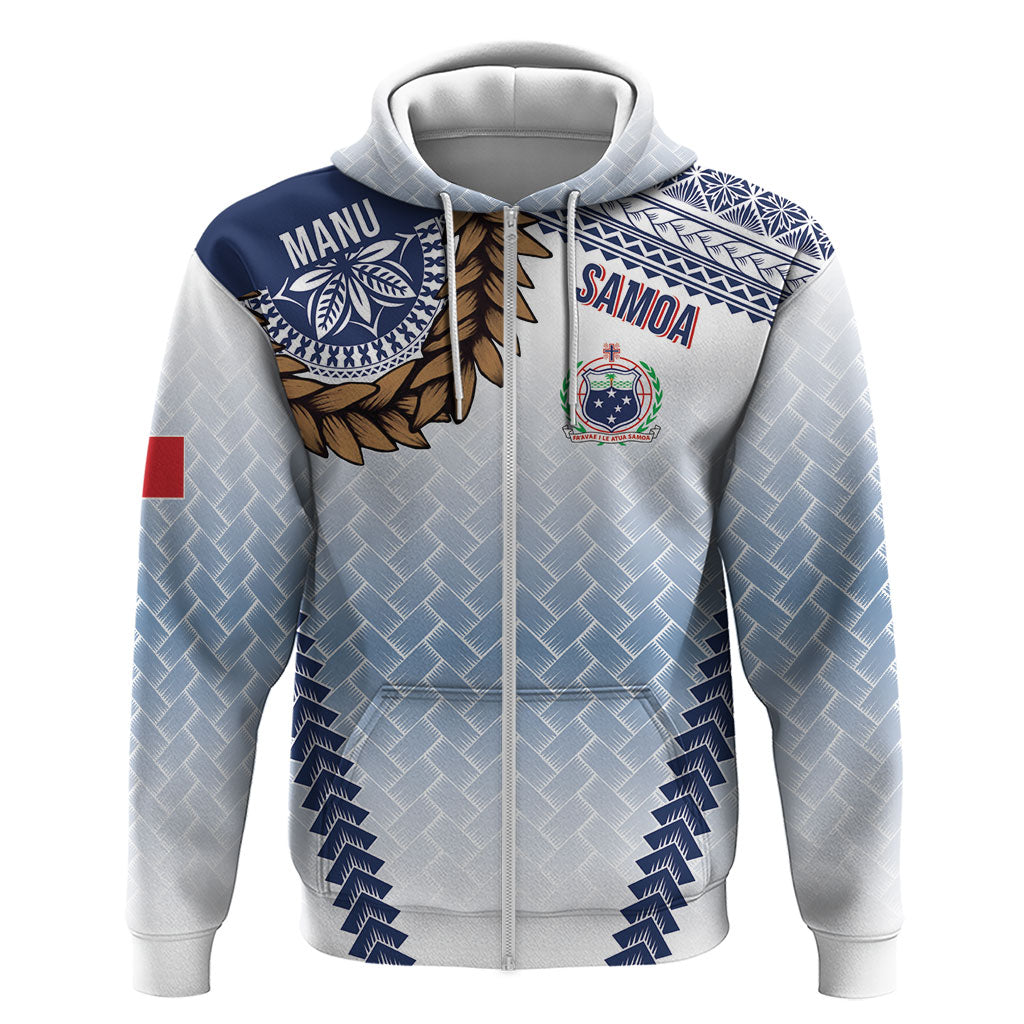 Manu Samoa Rugby Custom White Hoodie ʻIe Toga Pattern With Brown Ula fala LT7 Zip Hoodie White - Polynesian Pride