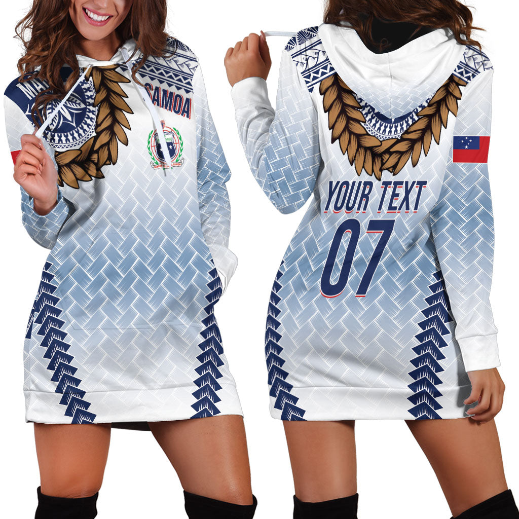 Manu Samoa Rugby Custom White Hoodie Dress ʻIe Toga Pattern With Brown Ula fala LT7 - Polynesian Pride