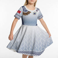 Manu Samoa Rugby Custom White Kid Short Sleeve Dress ʻIe Toga Pattern With Brown Ula fala LT7 - Polynesian Pride