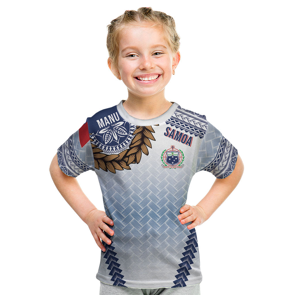 Manu Samoa Rugby Custom White Kid T Shirt ʻIe Toga Pattern With Brown Ula fala LT7 White - Polynesian Pride