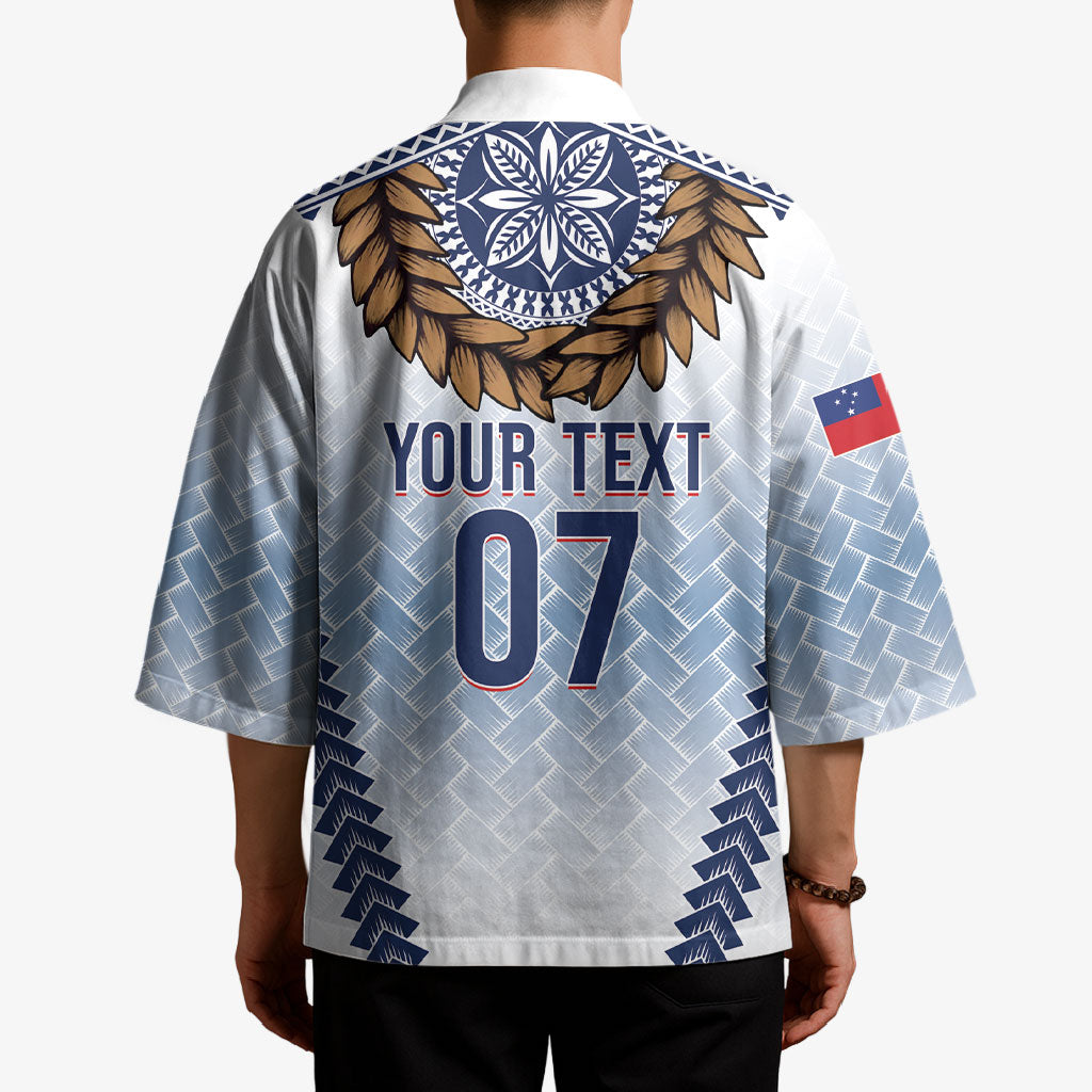Manu Samoa Rugby Custom White Kimono ʻIe Toga Pattern With Brown Ula fala LT7 - Polynesian Pride