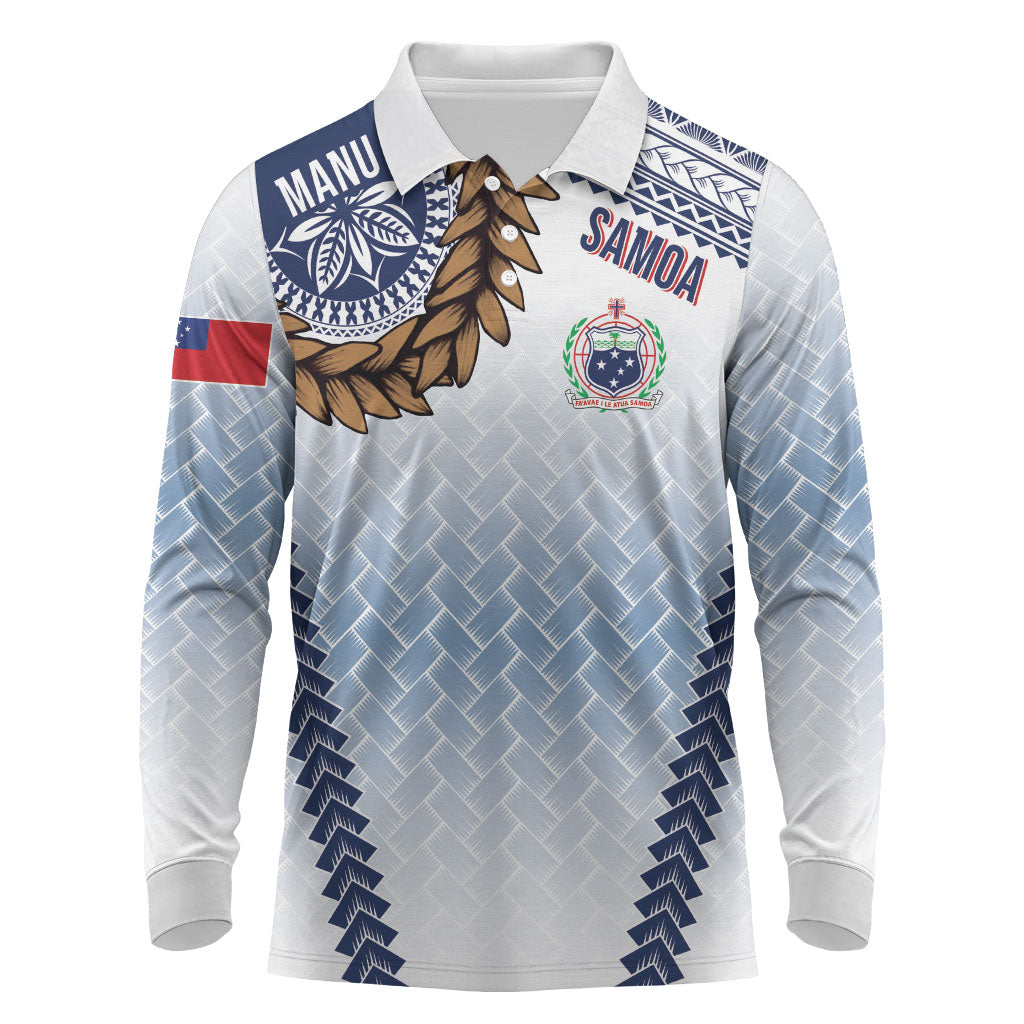 Manu Samoa Rugby Custom White Long Sleeve Polo Shirt ʻIe Toga Pattern With Brown Ula fala LT7 White - Polynesian Pride