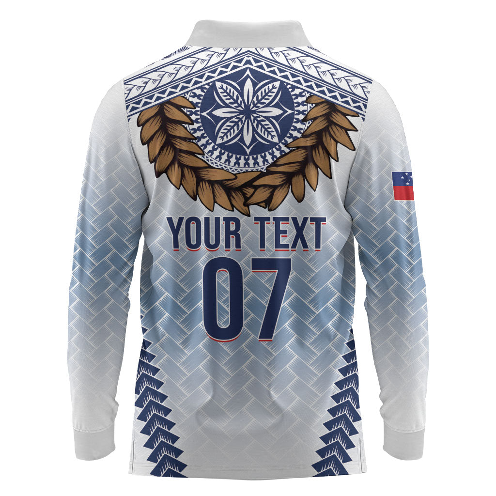 Manu Samoa Rugby Custom White Long Sleeve Polo Shirt ʻIe Toga Pattern With Brown Ula fala LT7 - Polynesian Pride