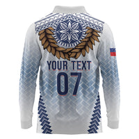 Manu Samoa Rugby Custom White Long Sleeve Polo Shirt ʻIe Toga Pattern With Brown Ula fala LT7 - Polynesian Pride