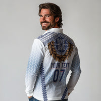 Manu Samoa Rugby Custom White Long Sleeve Polo Shirt ʻIe Toga Pattern With Brown Ula fala LT7 - Polynesian Pride