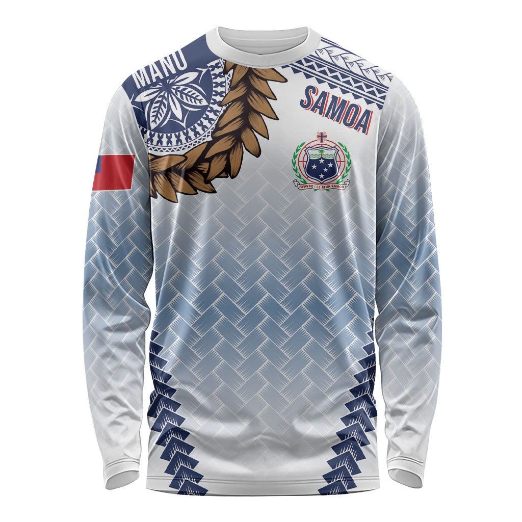 Manu Samoa Rugby Custom White Long Sleeve Shirt ʻIe Toga Pattern With Brown Ula fala LT7 Unisex White - Polynesian Pride