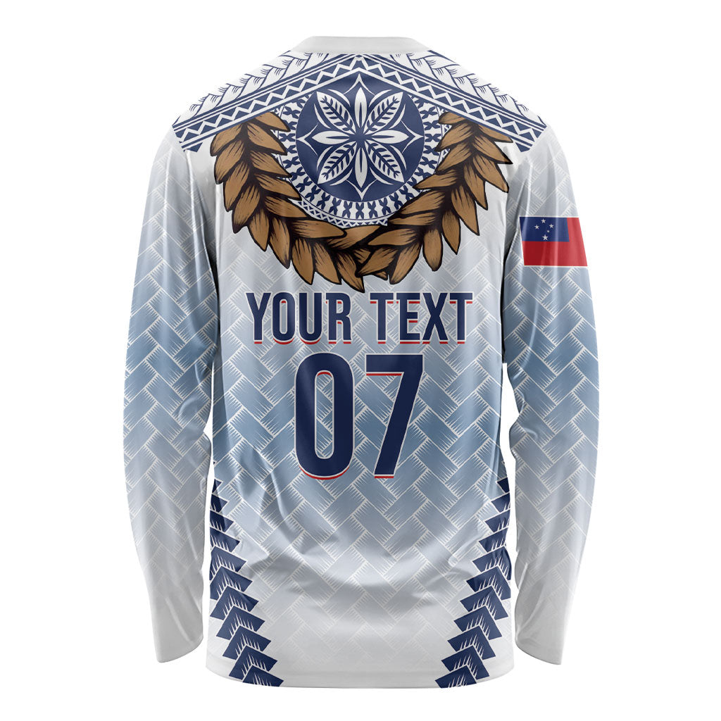 Manu Samoa Rugby Custom White Long Sleeve Shirt ʻIe Toga Pattern With Brown Ula fala LT7 - Polynesian Pride