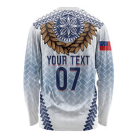 Manu Samoa Rugby Custom White Long Sleeve Shirt ʻIe Toga Pattern With Brown Ula fala LT7 - Polynesian Pride