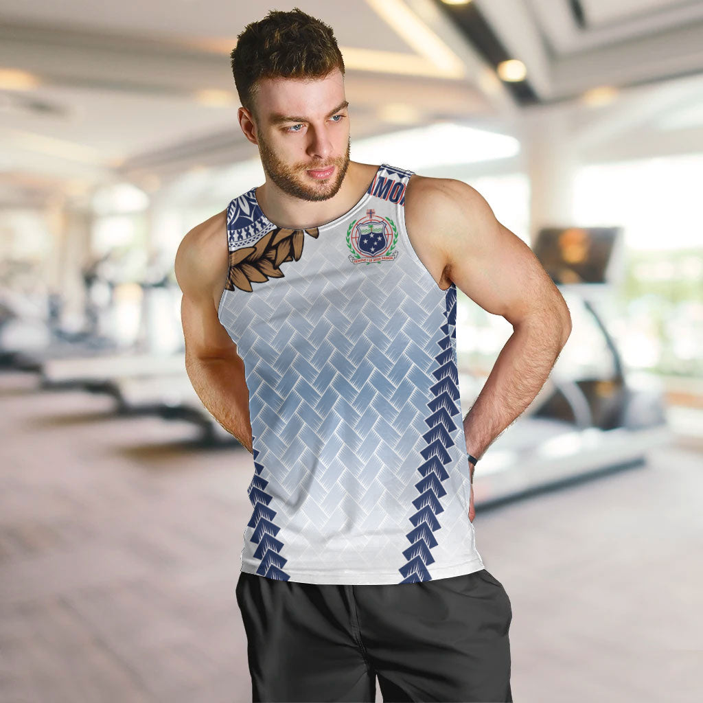 Manu Samoa Rugby Custom White Men Tank Top ʻIe Toga Pattern With Brown Ula fala LT7 White - Polynesian Pride