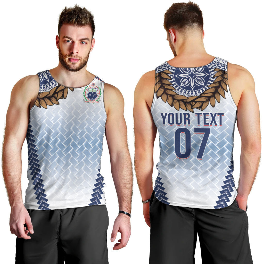 Manu Samoa Rugby Custom White Men Tank Top ʻIe Toga Pattern With Brown Ula fala LT7 - Polynesian Pride