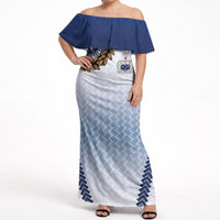 Manu Samoa Rugby Custom White Off Shoulder Maxi Dress ʻIe Toga Pattern With Brown Ula fala LT7 Women White - Polynesian Pride