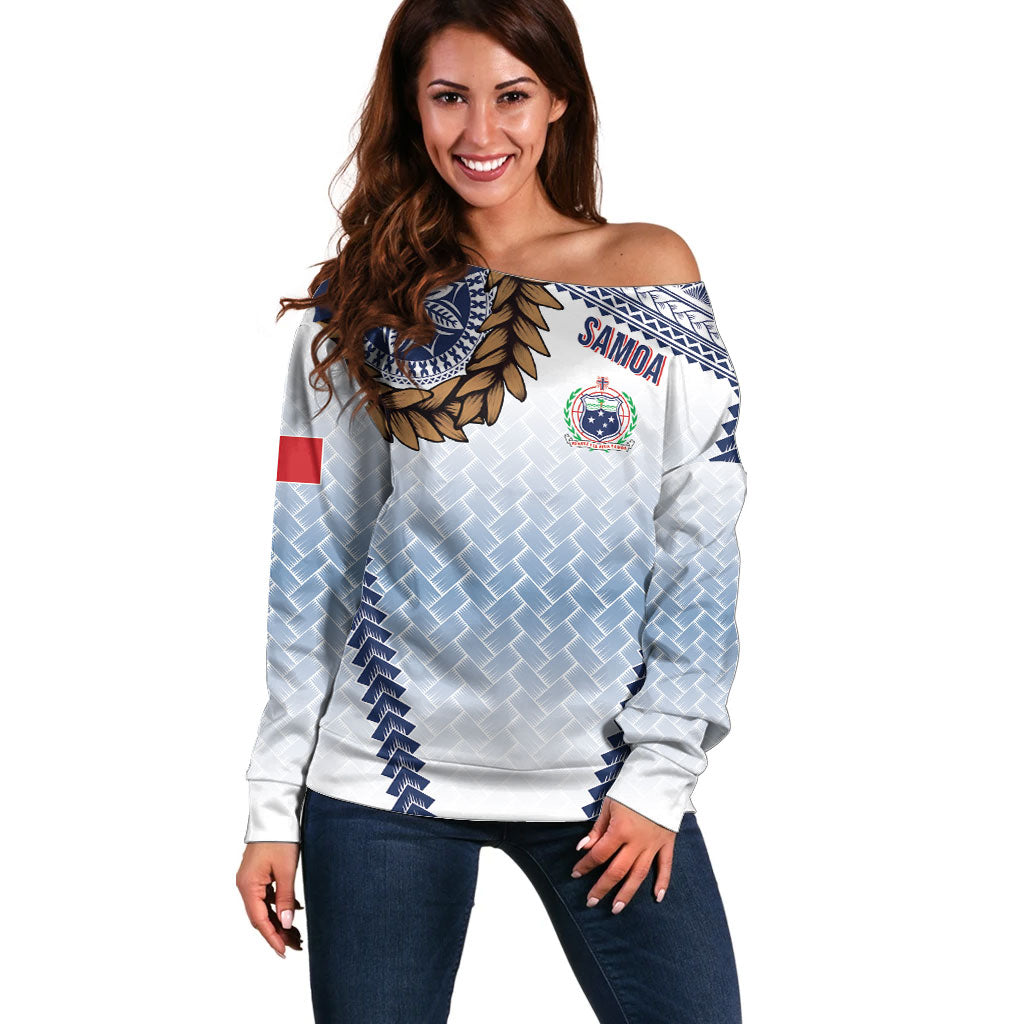 Manu Samoa Rugby Custom White Off Shoulder Sweater ʻIe Toga Pattern With Brown Ula fala LT7 Women White - Polynesian Pride
