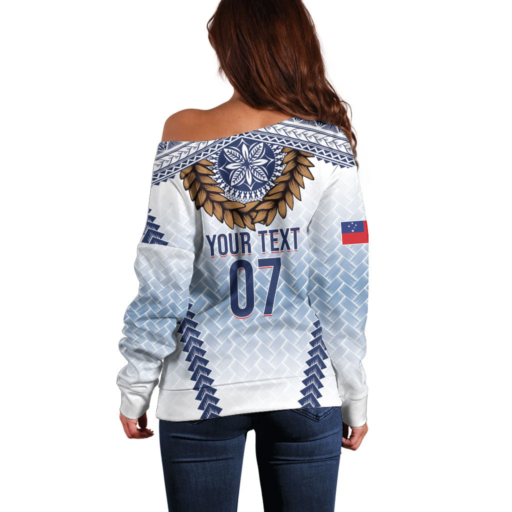 Manu Samoa Rugby Custom White Off Shoulder Sweater ʻIe Toga Pattern With Brown Ula fala LT7 - Polynesian Pride