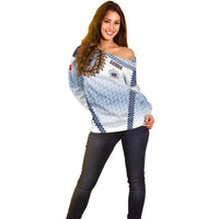 Manu Samoa Rugby Custom White Off Shoulder Sweater ʻIe Toga Pattern With Brown Ula fala LT7 - Polynesian Pride