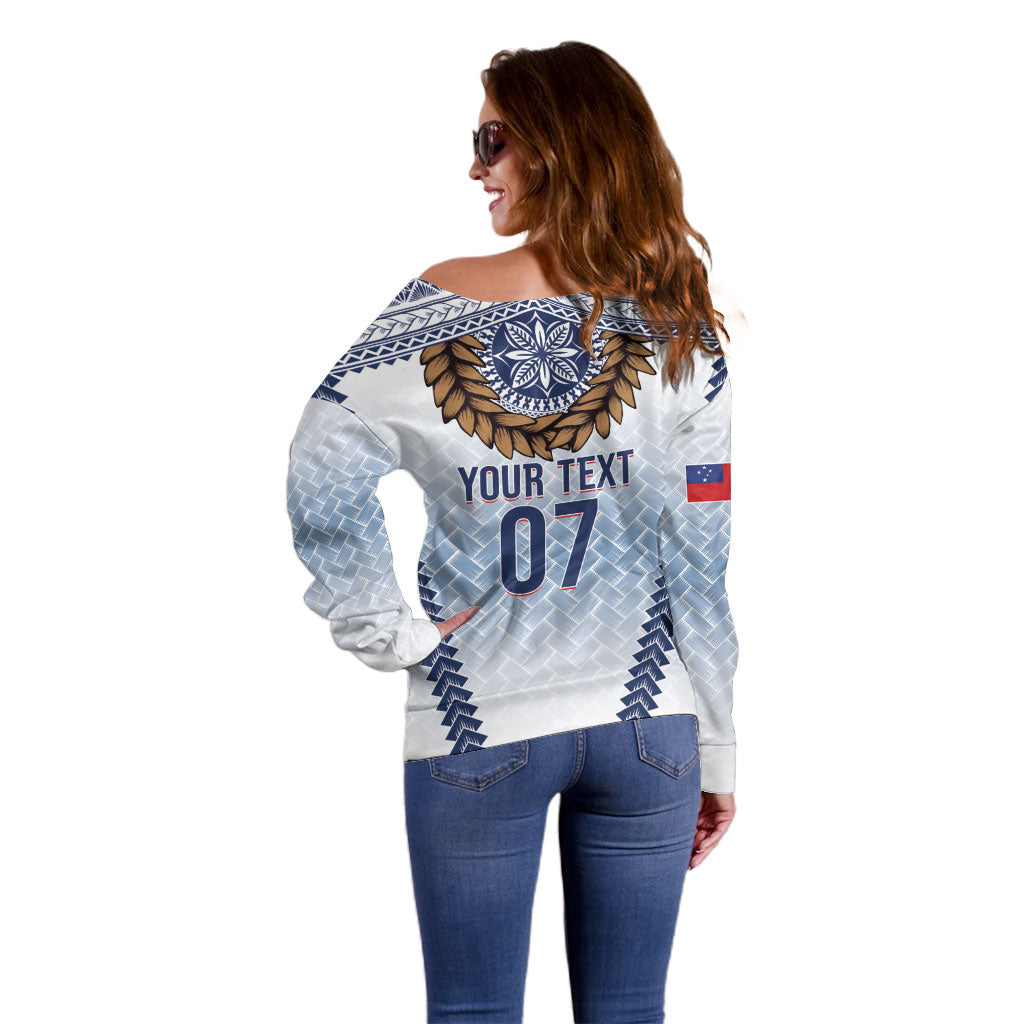 Manu Samoa Rugby Custom White Off Shoulder Sweater ʻIe Toga Pattern With Brown Ula fala LT7 - Polynesian Pride